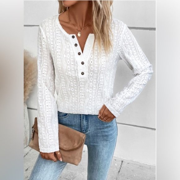 White Eyelet Embroidery Half Button Front Tee - Picture 3 of 7